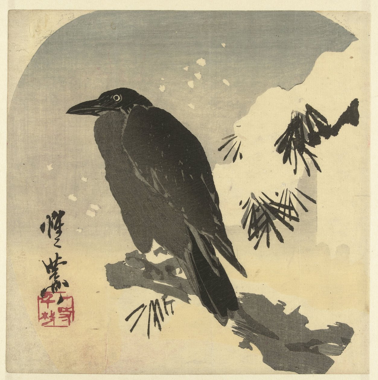 Krähe auf verschneitem Kiefernzweig von Kawanabe Kyosai