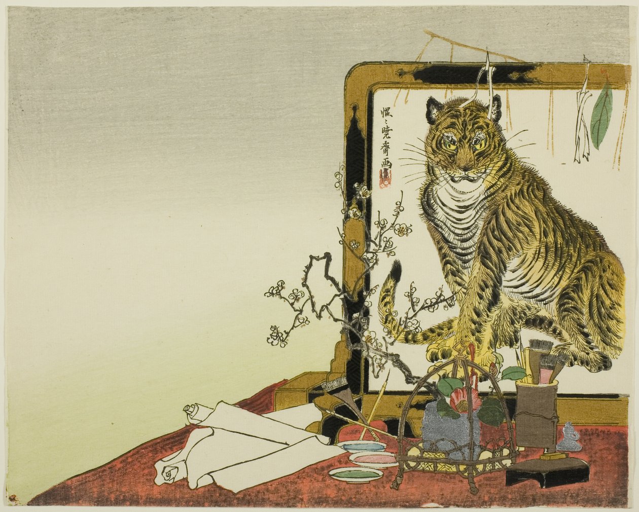 Stehender Paravent (Tsuitate) mit einem Tiger von Kawanabe Kyosai