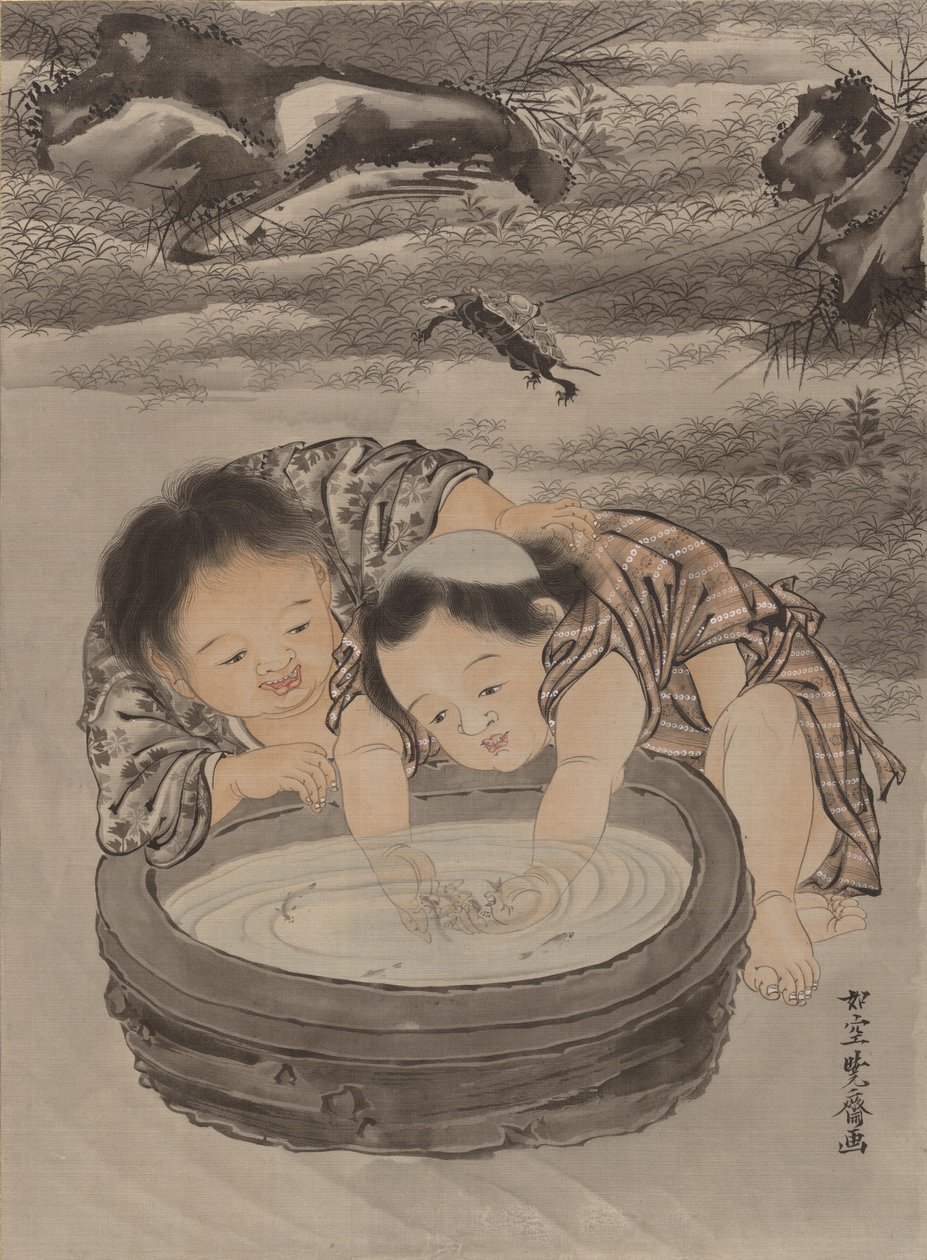 Zwei Kinder spielen mit Goldfischen von Kawanabe Kyosai
