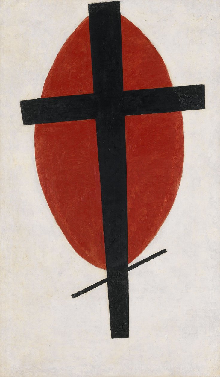 Mystischer Suprematismus: Schwarzes Kreuz auf rotem Oval von Kazimir Severinovich Malevich