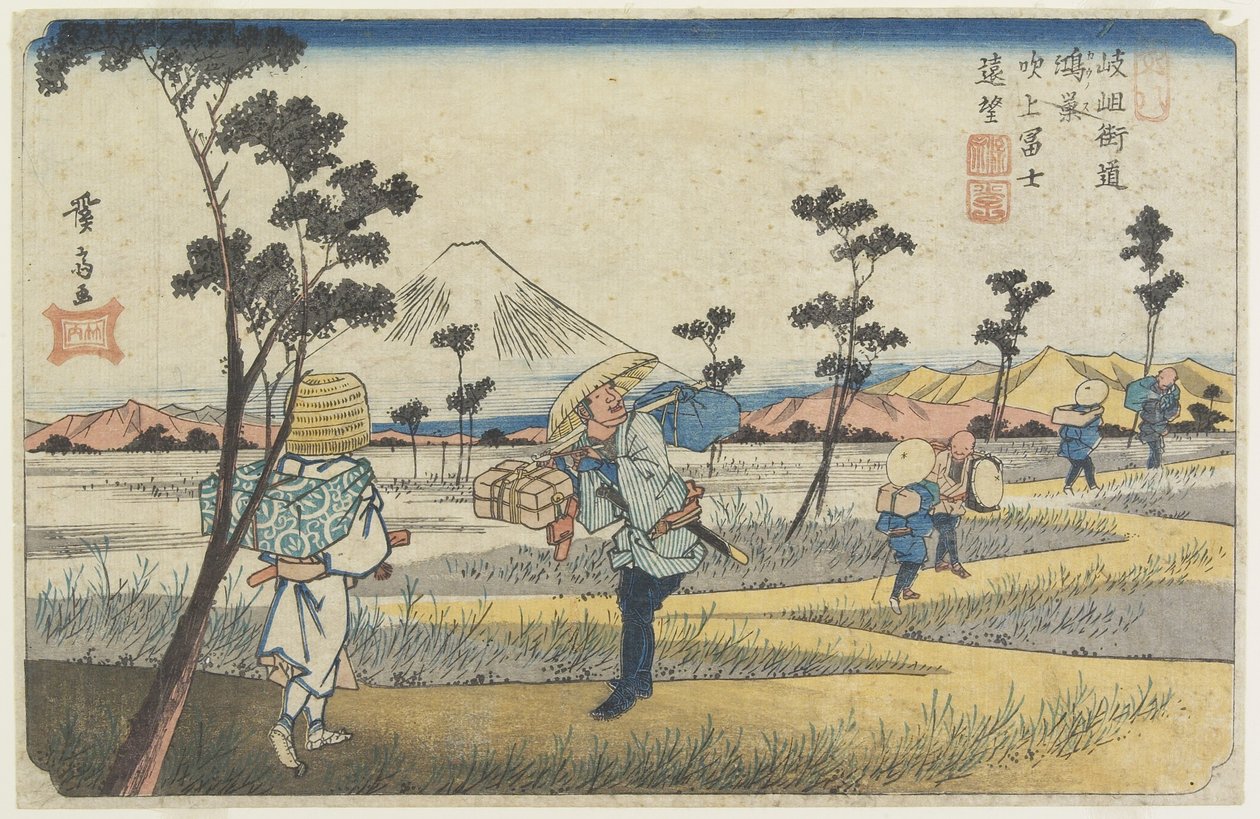 Nr. 8 Ferne Ansicht des Berges Fuji von Fukiage bei Ko_nosu Station, 1830-1844 von Keisai Eisen