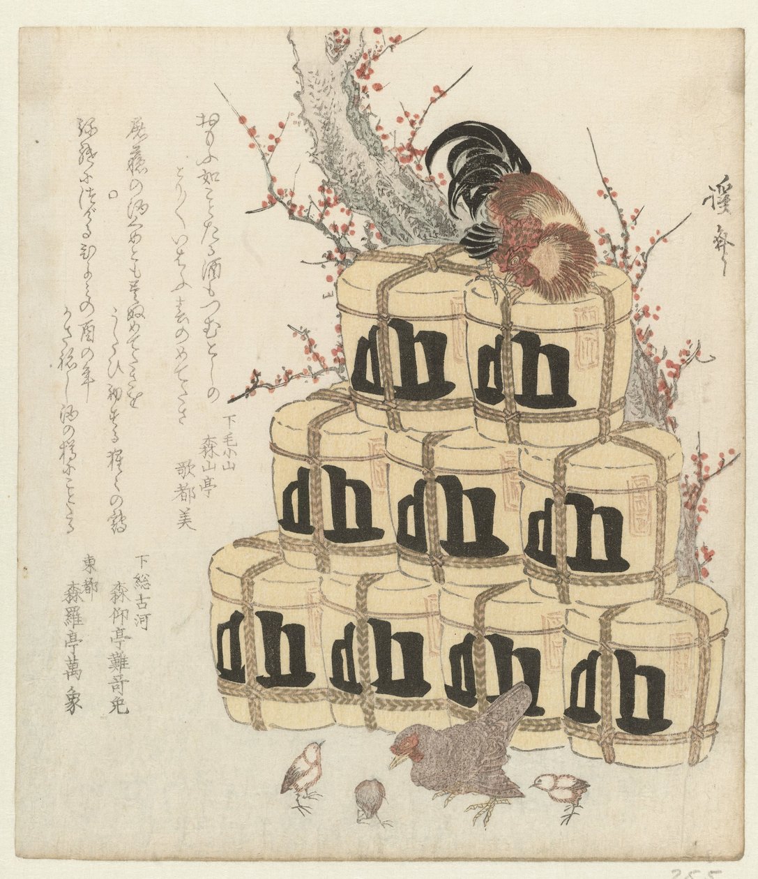 Hahn auf einem Stapel Sake-Fässer von Keisai Eisen