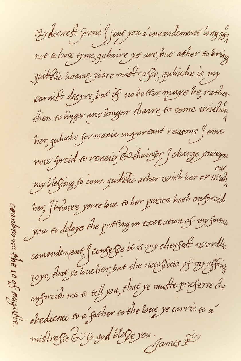 Faksimile eines Briefes vom 10. August 1623 von James I an Prinz Charles, gedruckt von Manzi Joyant & Co. Paris, 1904 von King James I