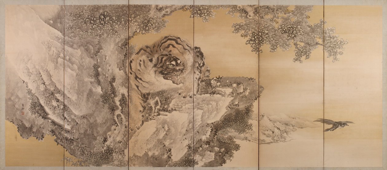 Sechsteilige Leinwand mit einem brüllenden Tiger, 1749-1838 von Kishi Ganku