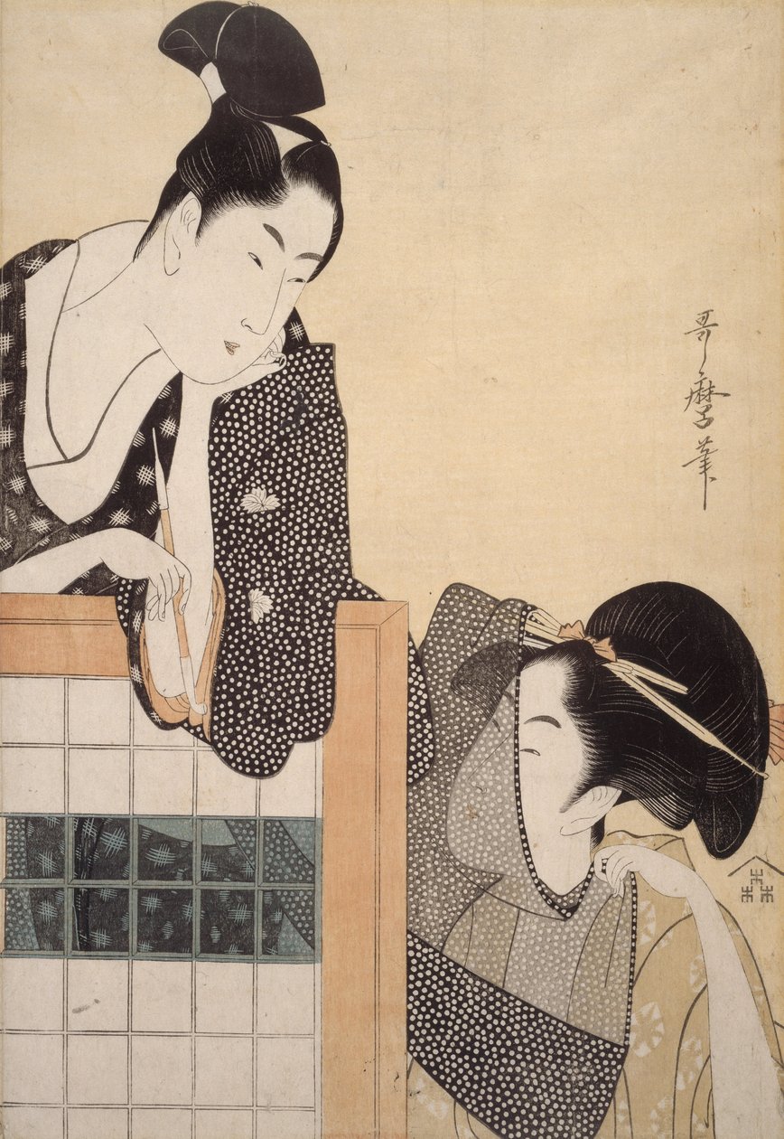 Paar mit einem stehenden Bildschirm von Kitagawa Utamaro