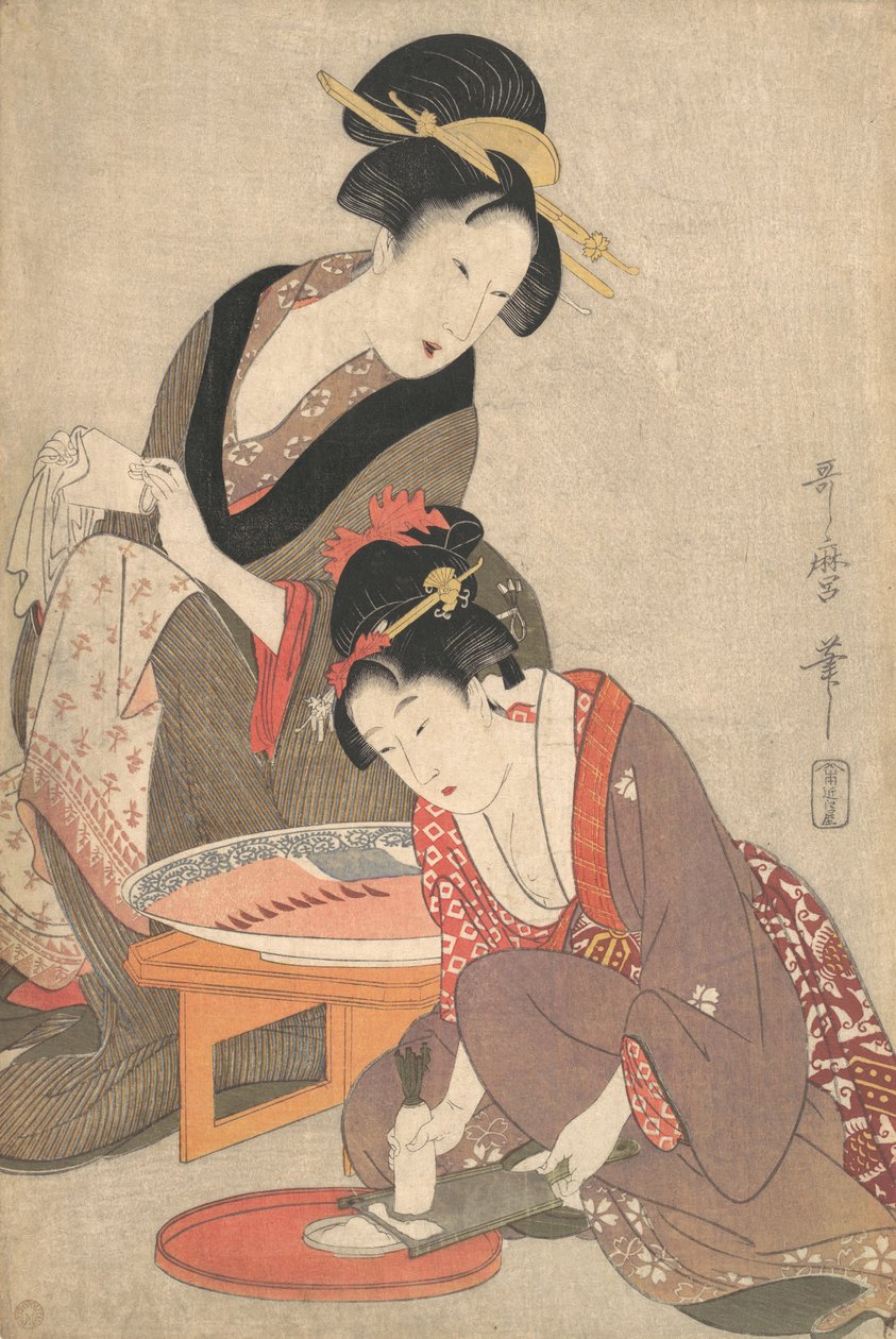 Frau bereitet Sashimi zu, ca. 1806 von Kitagawa Utamaro