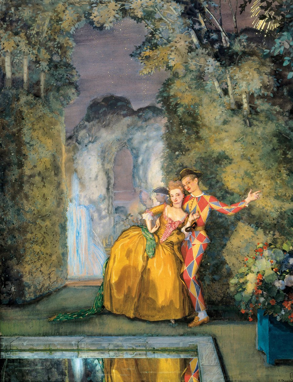 Magd mit Harlekin, ca. 1900 von Konstantin Andreevic Somov