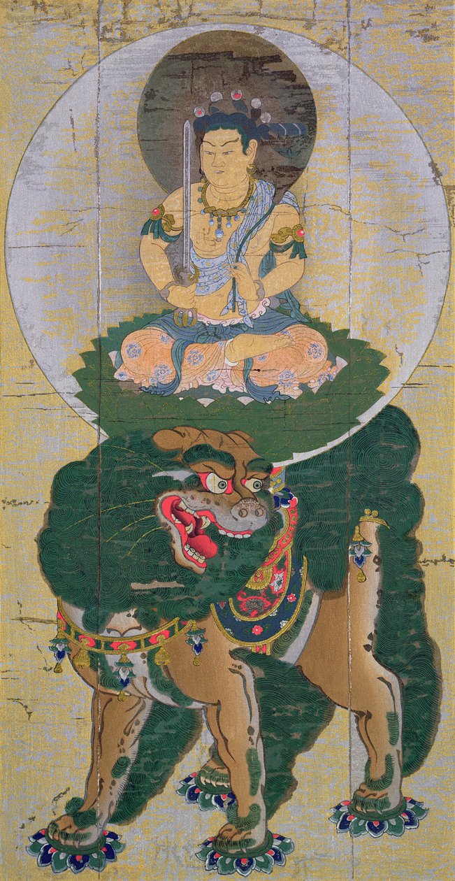 Der Bodhisattva Manjushri reitend auf einem Löwen, der Dampf ausstößt, Illustration nach einem Kakemono aus dem elften Jahrhundert aus dem Tempel Kozan-Ji in Yamashiro, veröffentlicht in der Zeitschrift The Kokka, Mai 1904 von Kose no Hirotaka
