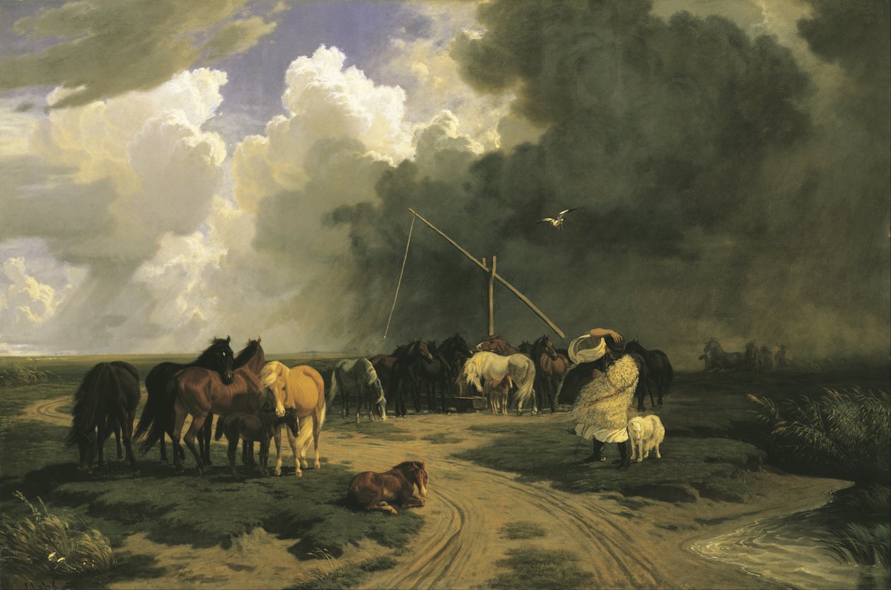 Pferde im Regensturm von Károly Lotz