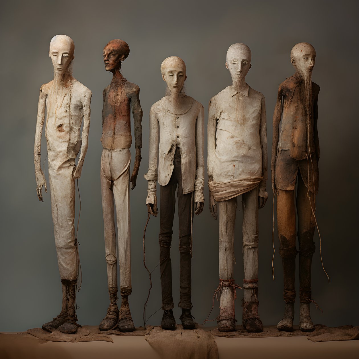 Vier nebeneinander stehende Tonfiguren von Männern 4 von Kurt Heppke