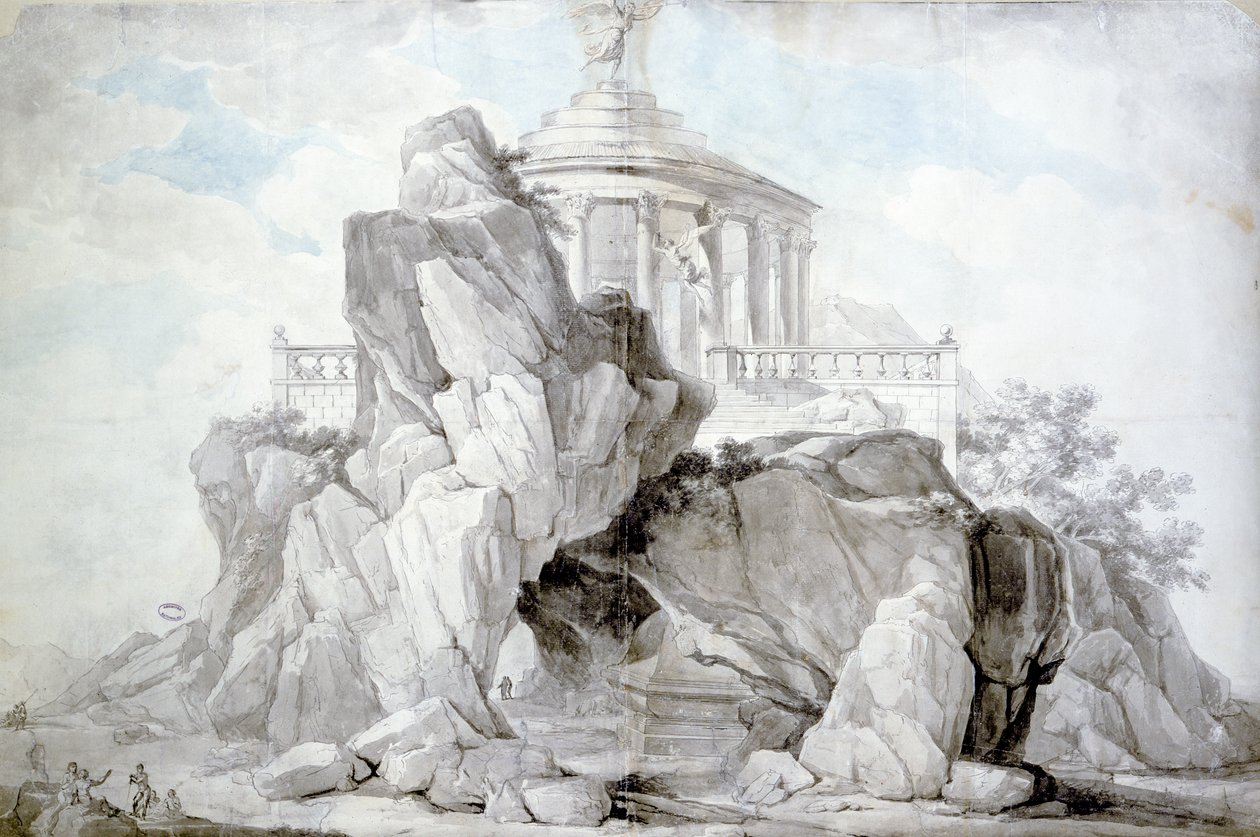 Projekt für einen künstlichen Berg zu Ehren des Festes der Vernunft, der in einem öffentlichen Garten in Bordeaux errichtet werden soll, 1795 von L. Dutourd