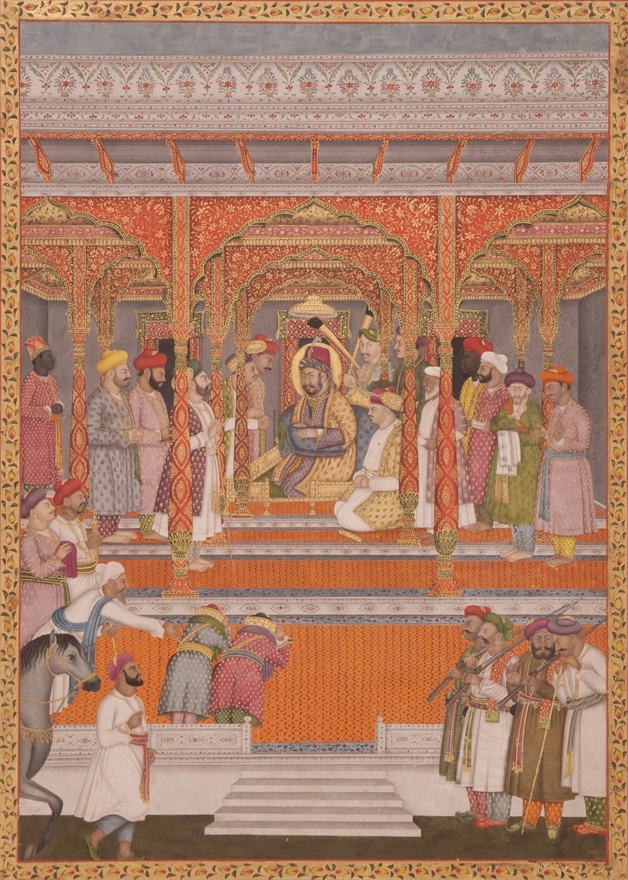 Mirza Md Muazzam Shah Khurram Bakht Bahadur empfängt Saadat Ali, Nawab von Aw, 1803 von Lalji Mal