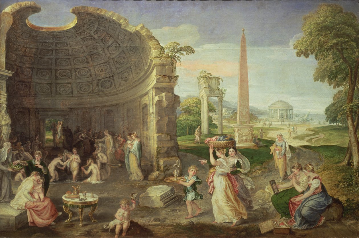 Landschaft mit klassischen Ruinen und badenden Frauen, ca. 1552-53 von Lambert Sustris