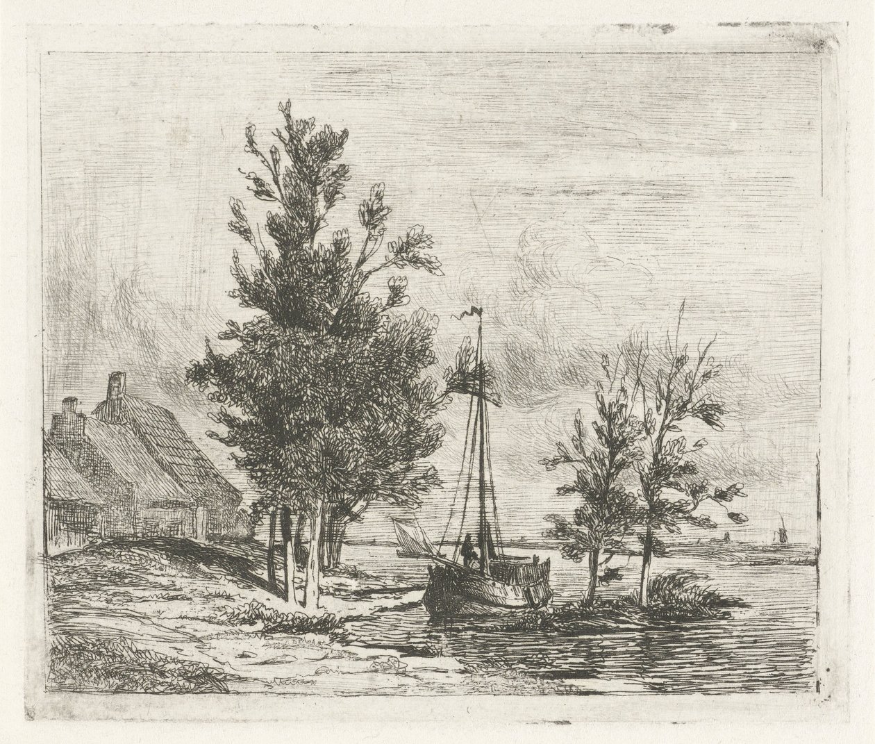 Flusslandschaft mit Segelschiff und Bauernhof von Lambertus  Hardenberg