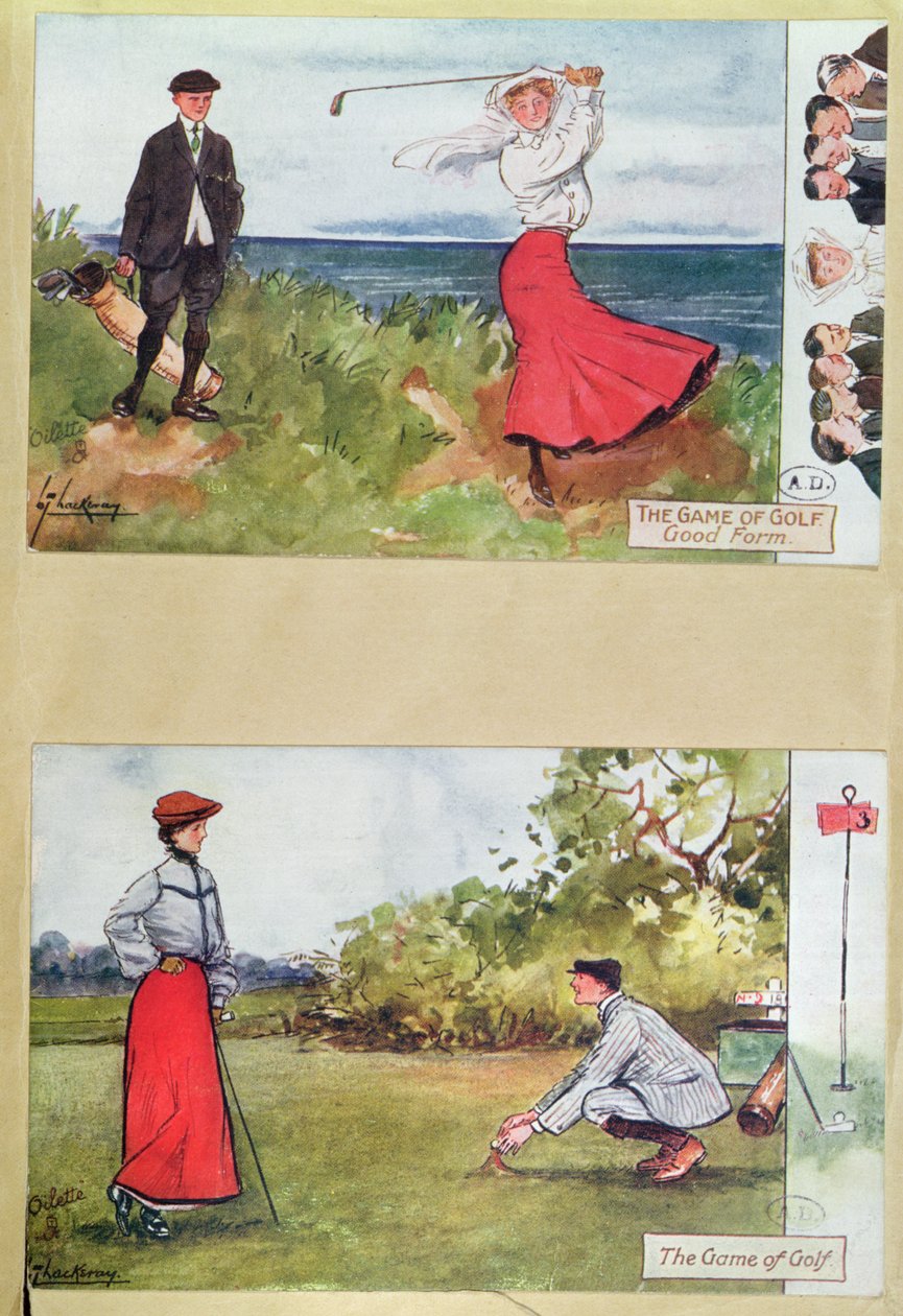 Postkarten, die das Golfspiel darstellen, frühes 20. Jahrhundert von Lance Thackeray