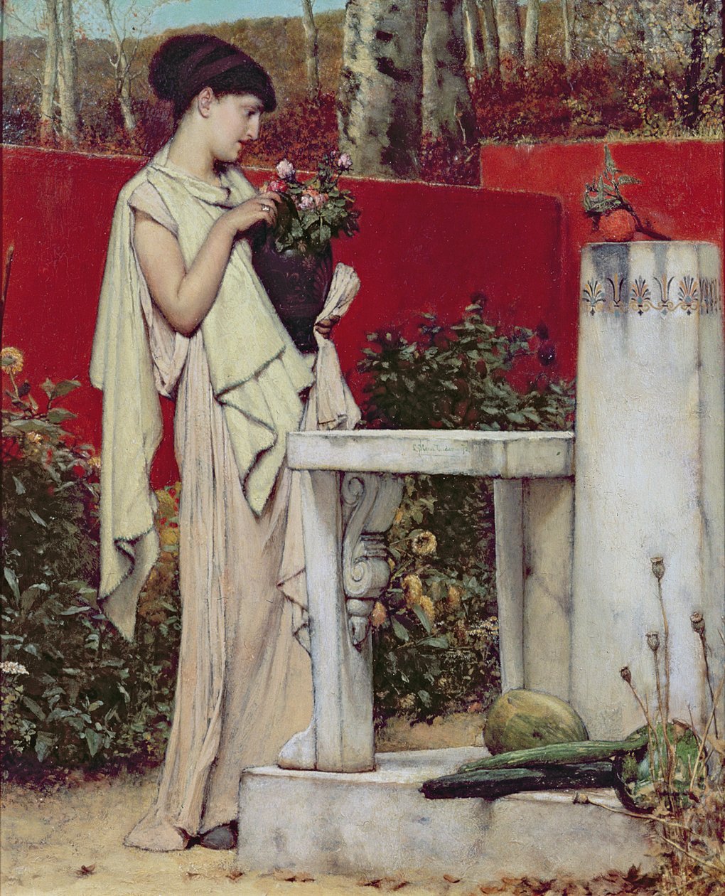 Frau mit einer Vase voller Blumen von Lawrence Alma Tadema