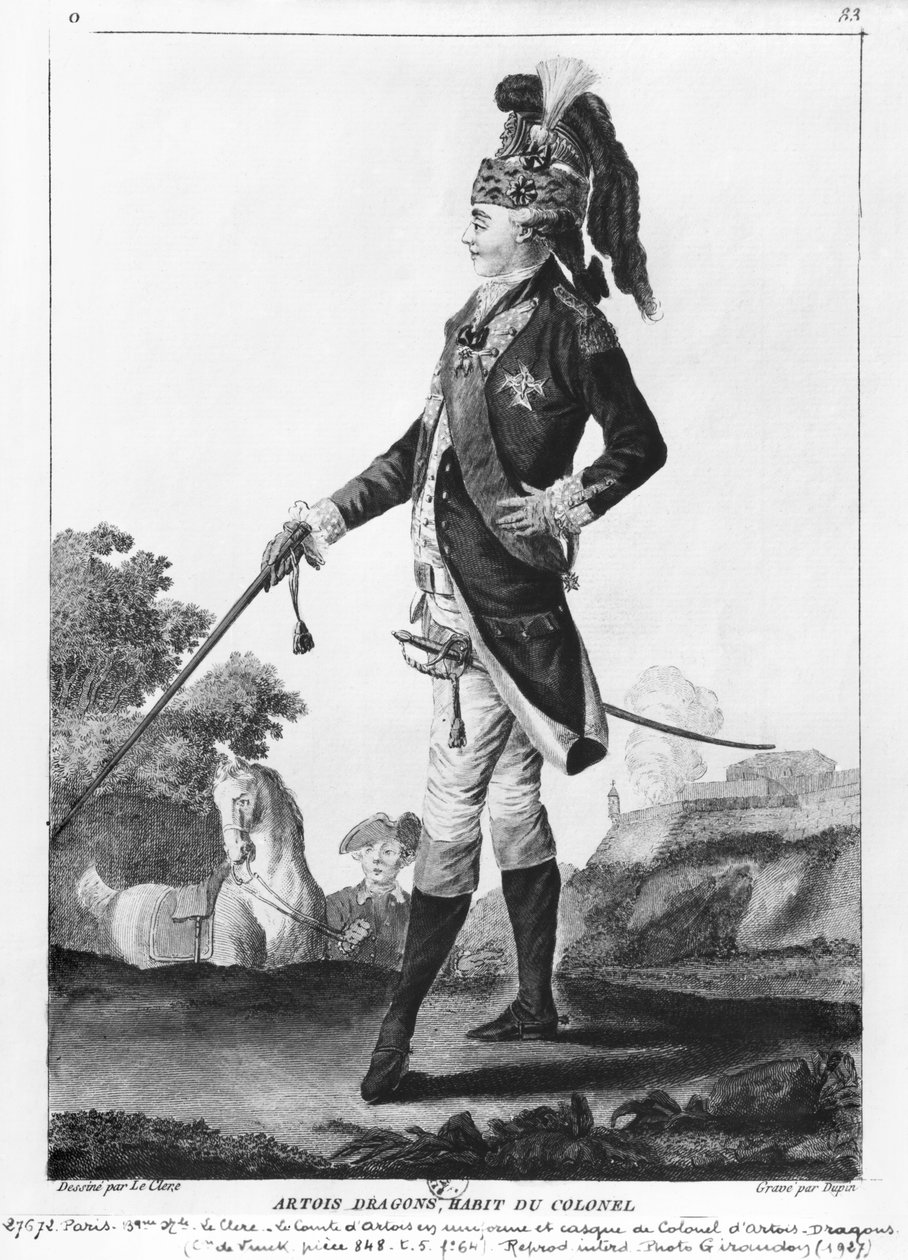 Charles von Frankreich (1757-1836), Graf von Artois, in der Uniform des Oberst des Artois-Dragoner-Regiments, graviert von Dupin von Le Clere