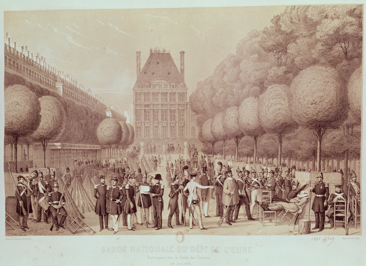 Die Nationalgarde aus der Eure im Tuileriengarten campiert, 26. Juni 1848 von Leon Auguste Asselineau