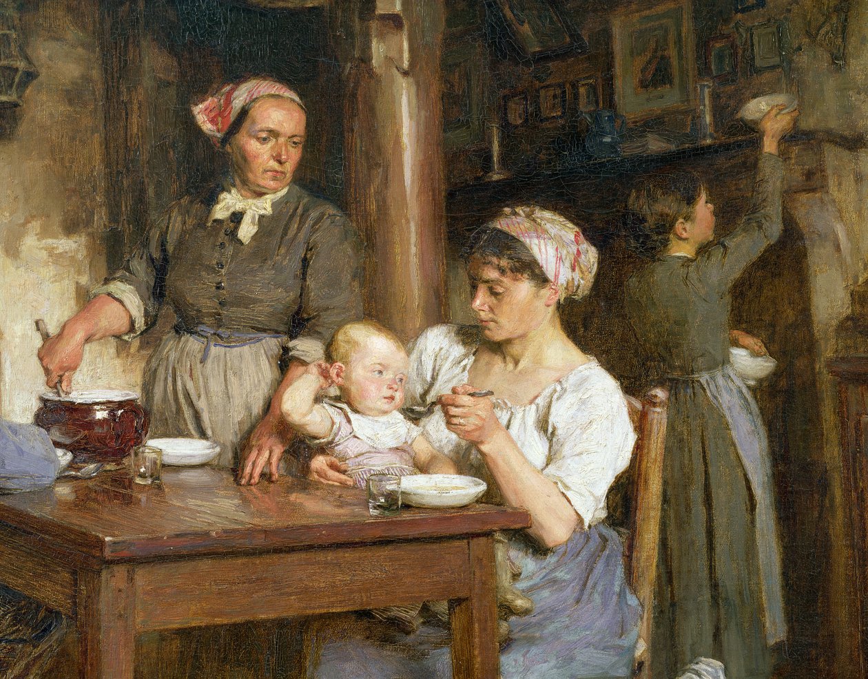 Das Mittagsmahl, Detail des Fütterns des Babys (Detail) von Leon Augustin Lhermitte