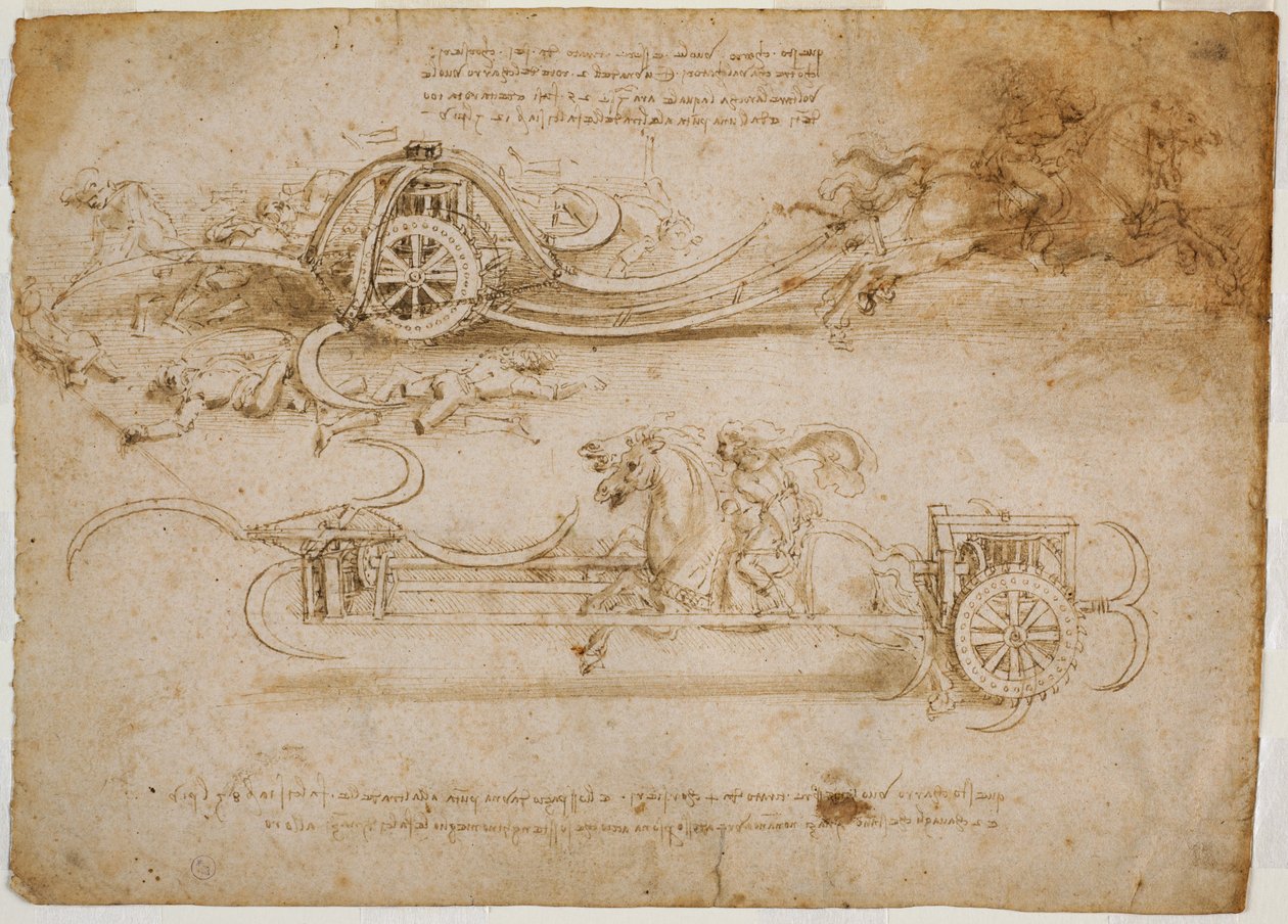 Studien zu Angriffspanzern mit Sicheln, ca. 1485 von Leonardo da Vinci