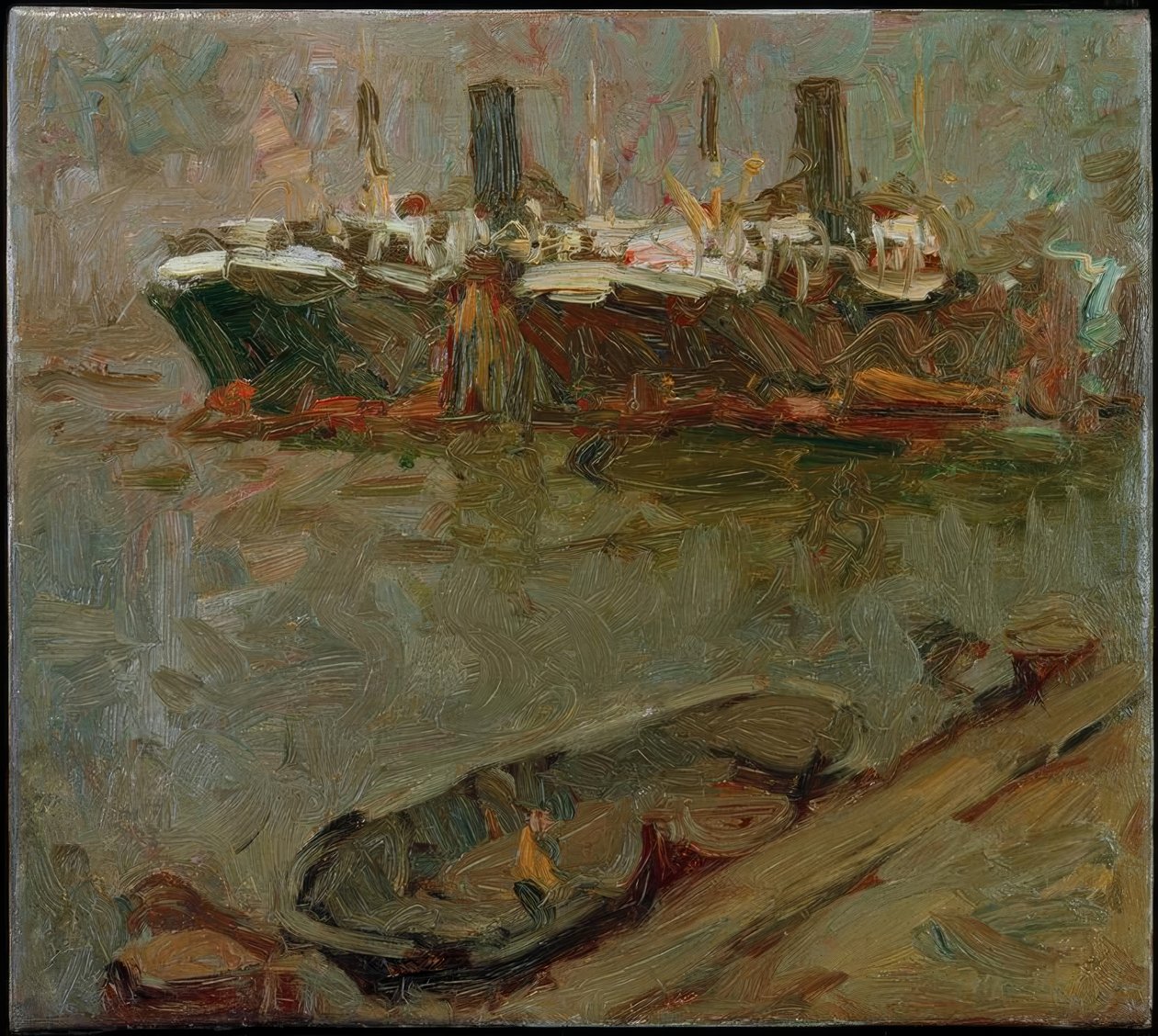 Schute am Pier, zwei Passagierdampfer im Hintergrund von Leonhard Sandrock