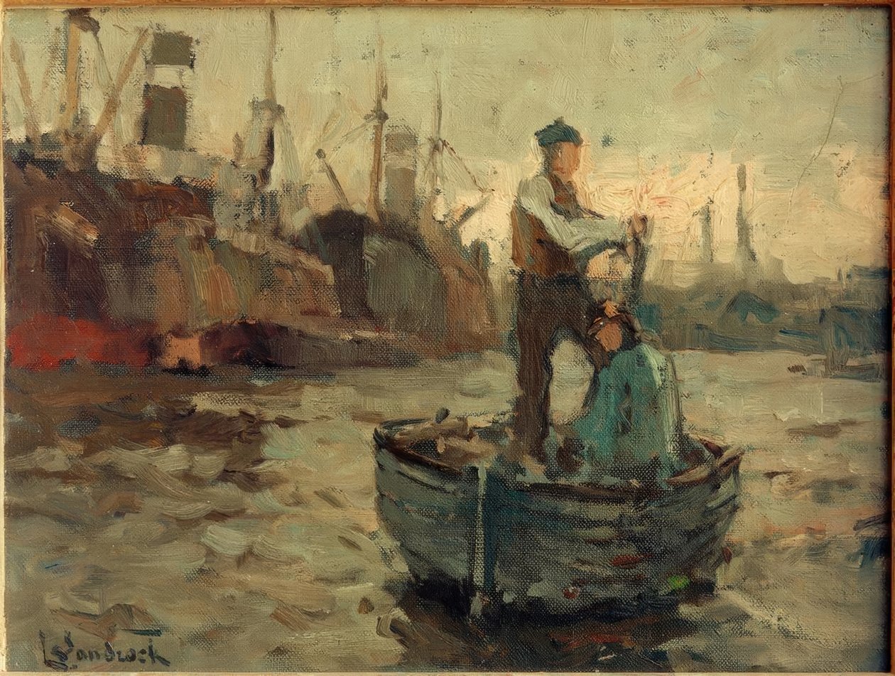 Zwei Männer in einem Segelboot beim Wriggen von Leonhard Sandrock