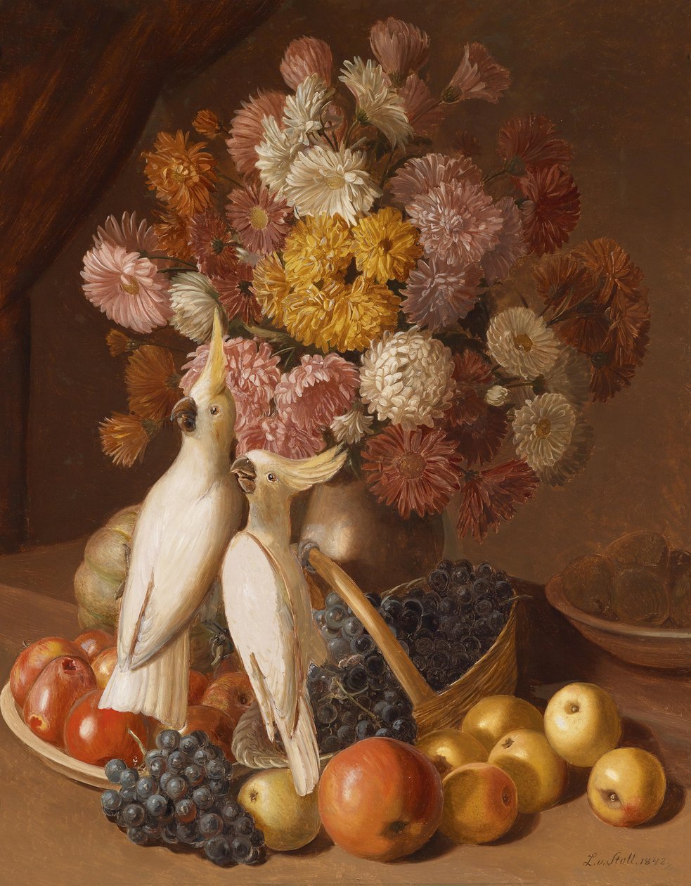 Blumenstillleben mit Früchten und Nymphensittichen von Leopold von Stoll