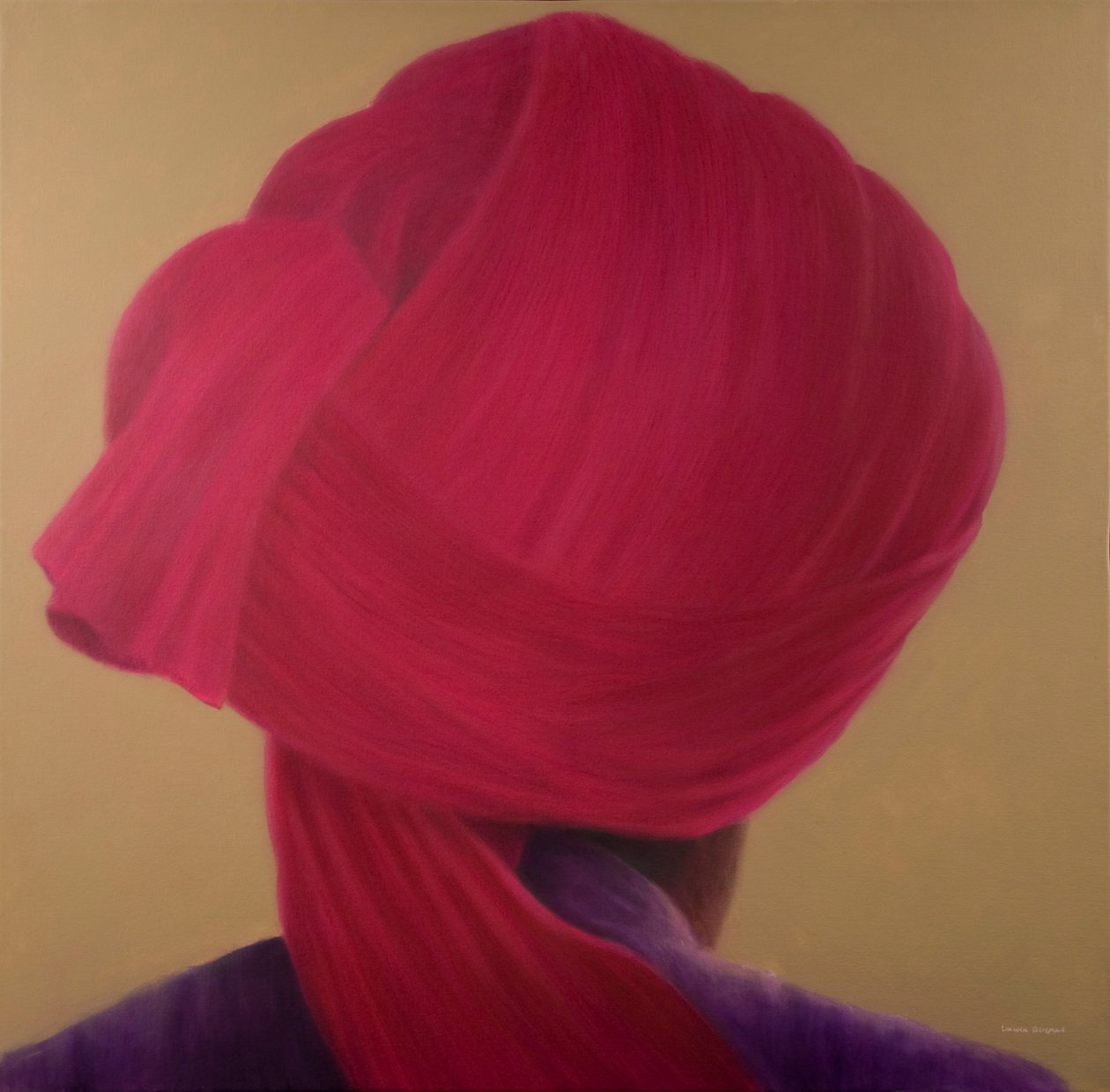 Tiefroter Turban, Lila Jacke von Lincoln Seligman