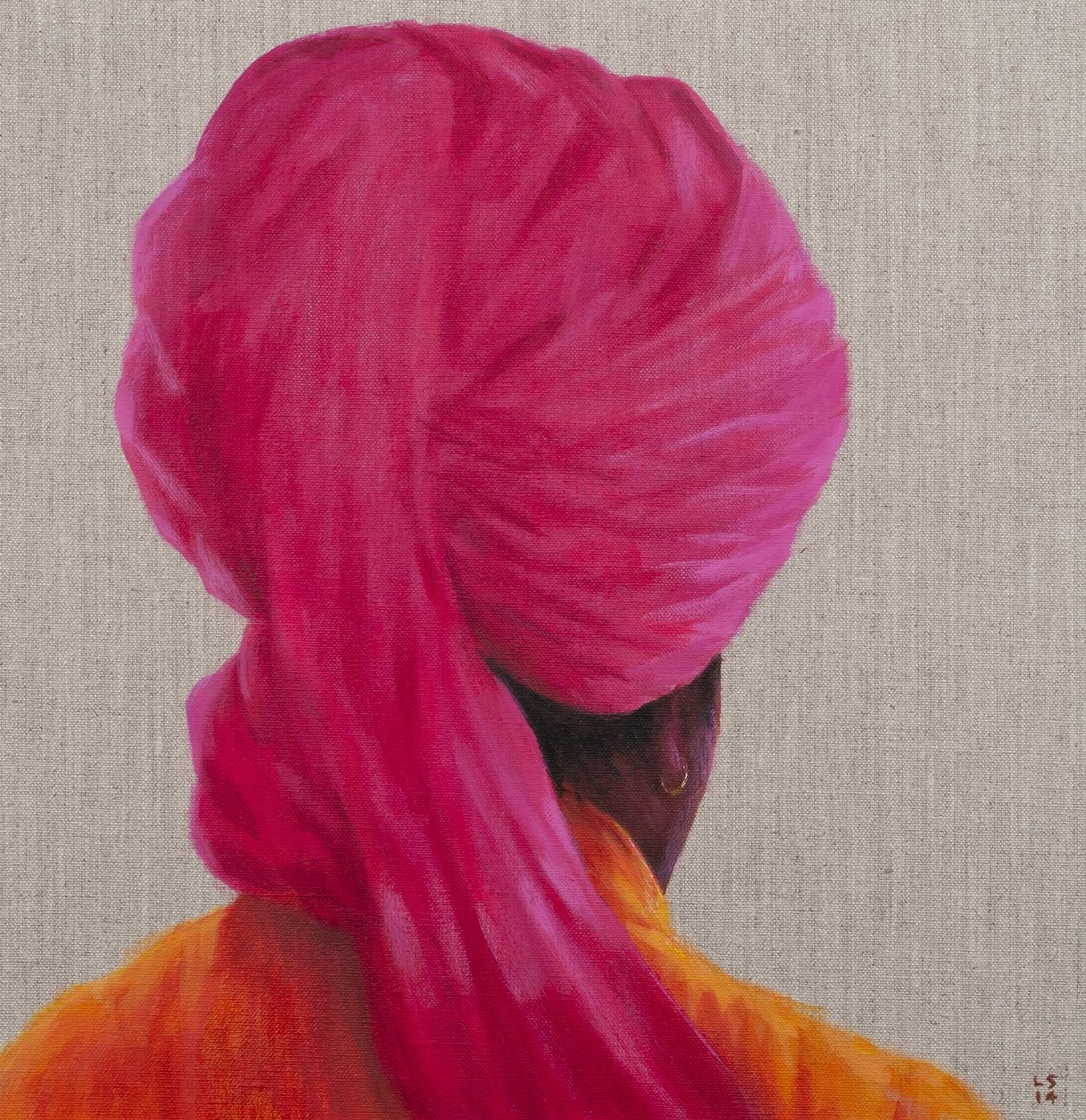 Rosa Turban, Orange Jacke, 2014 von Lincoln Seligman