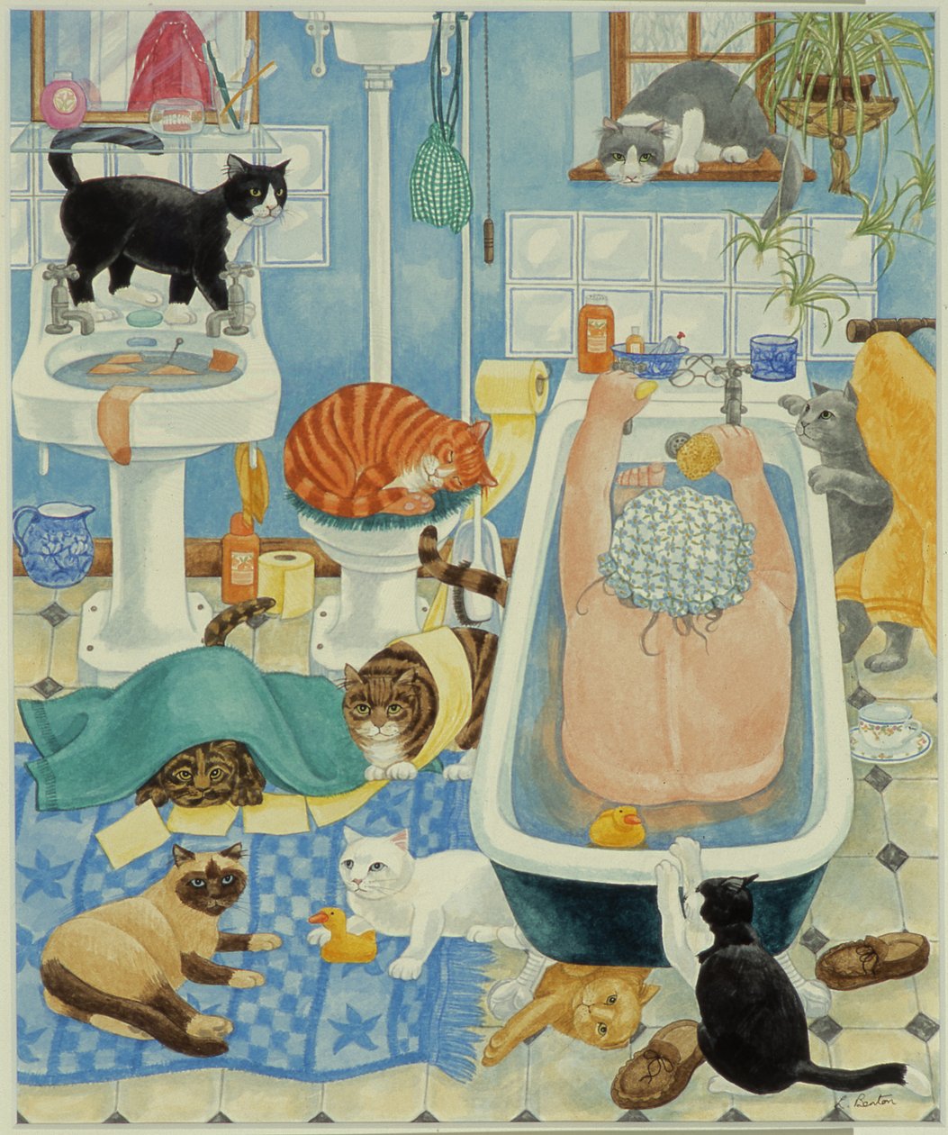 Großmutter und 10 Katzen im Badezimmer von Linda Benton