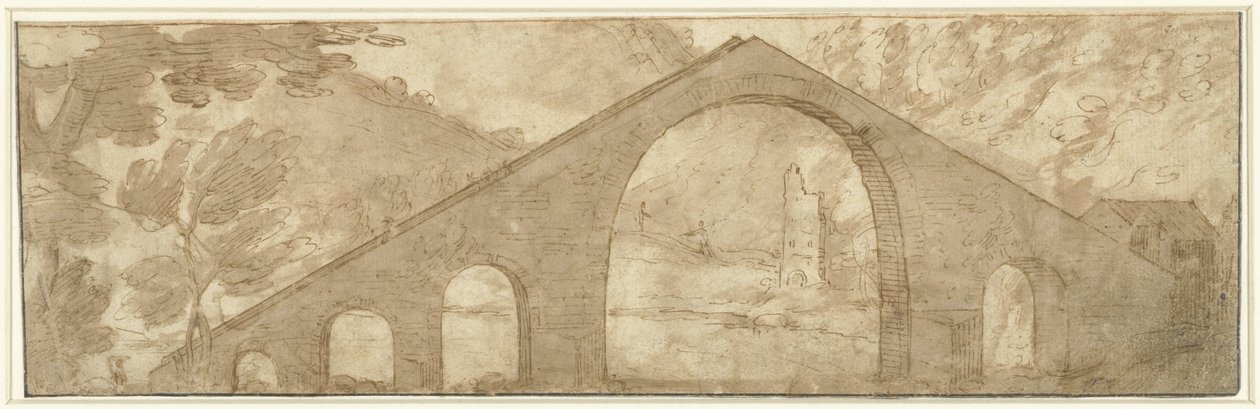 Steile Brücke in einer Landschaft von Lodewijk Toeput (attributed to)