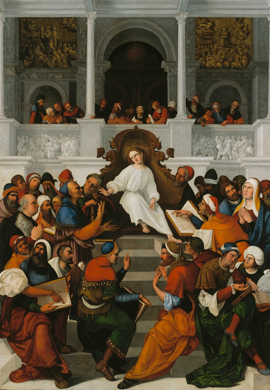 Der zwölfjährige Jesus lehrt im Tempel von Lodovico Mazzolino