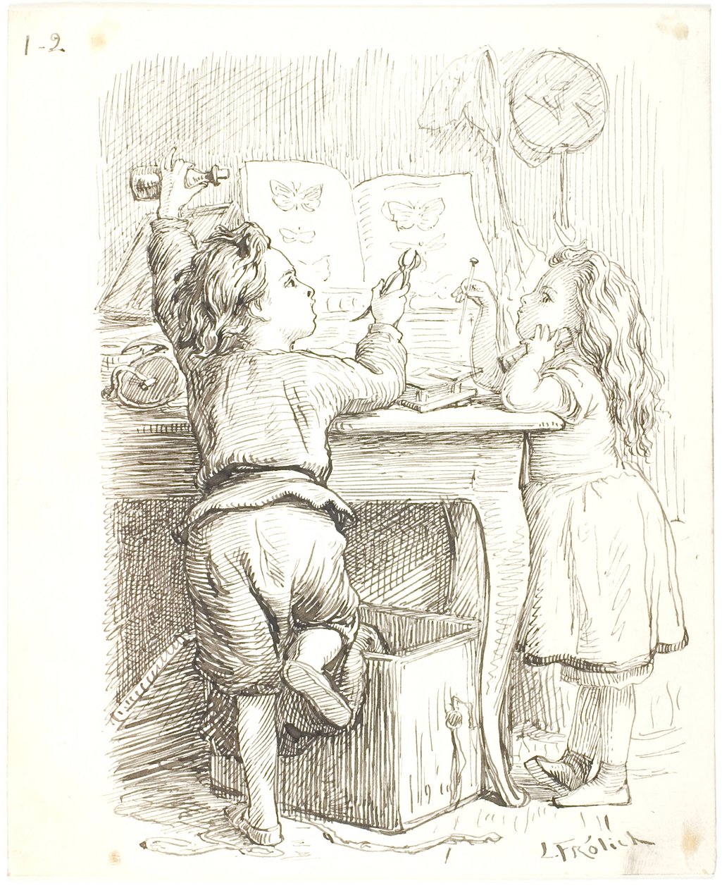 Die zwei Kinder präparieren Schmetterlinge von Lorenz Frølich