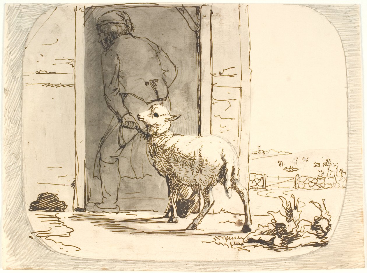 Ein Lamm wird in den Stall geführt von Lorenz Frølich