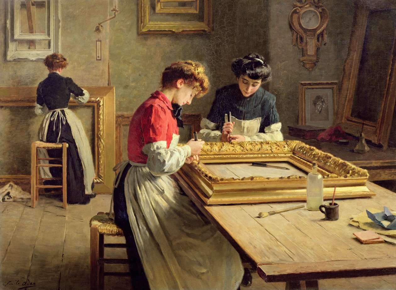 Innenraum einer Rahmenvergoldungswerkstatt von Louis Emile Adan
