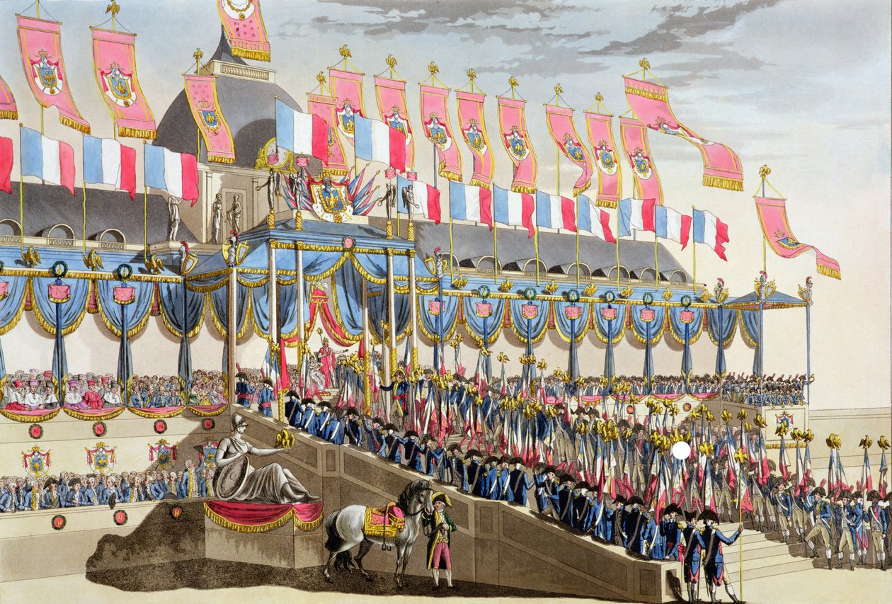 Heiliges Fest und Krönung ihrer kaiserlichen Majestäten, Ansicht der Dekorationen vor der Ecole Militaire neben dem Champ du Mars, graviert von Francois Aubertin, veröffentlicht 1806 von Louis Le Coeur