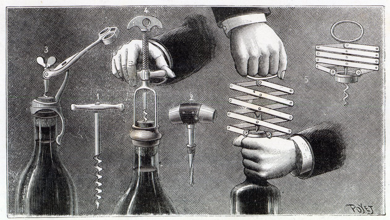 Verschiedene Arten von Korkenziehern, 1893 von Louis Poyet