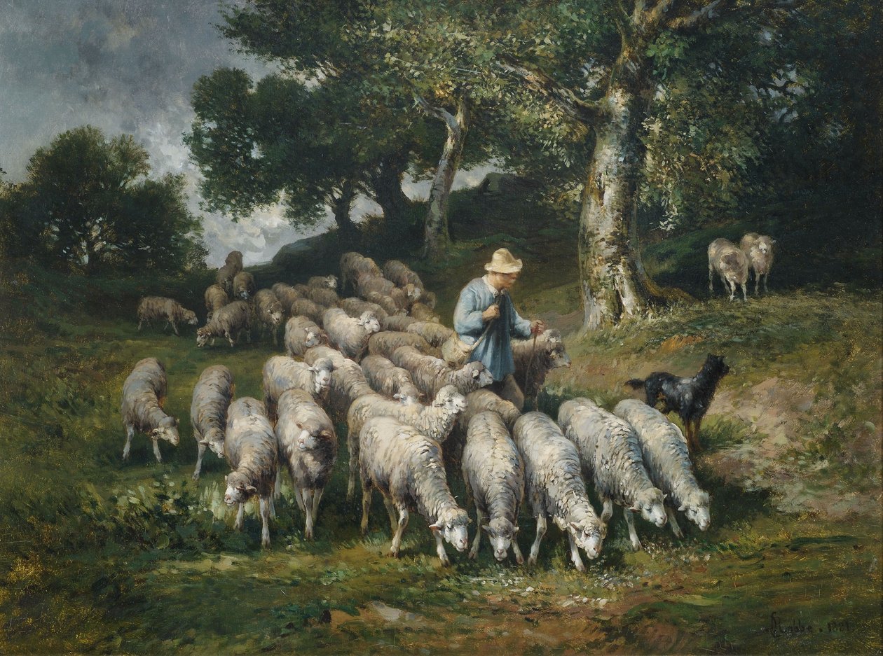 Schafherde in hügeliger Landschaft von Louis Robbe