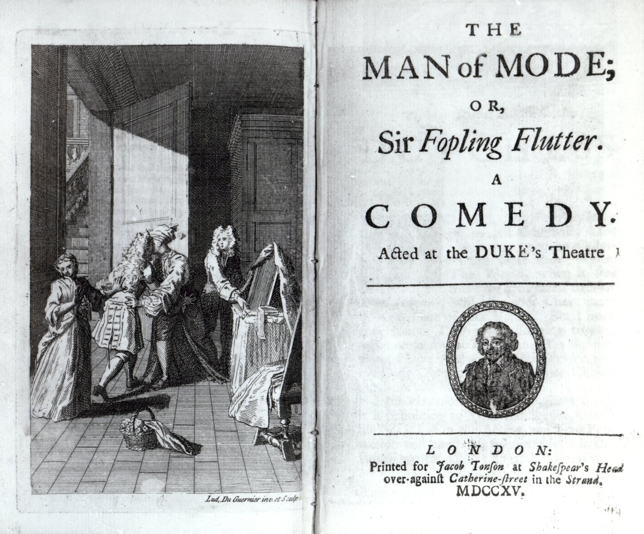 Frontispiz und Titelseite für Der Mann von Mode, oder Sir Fopling Flutter von George Etherege, veröffentlicht 1715 von Louis du Guernier