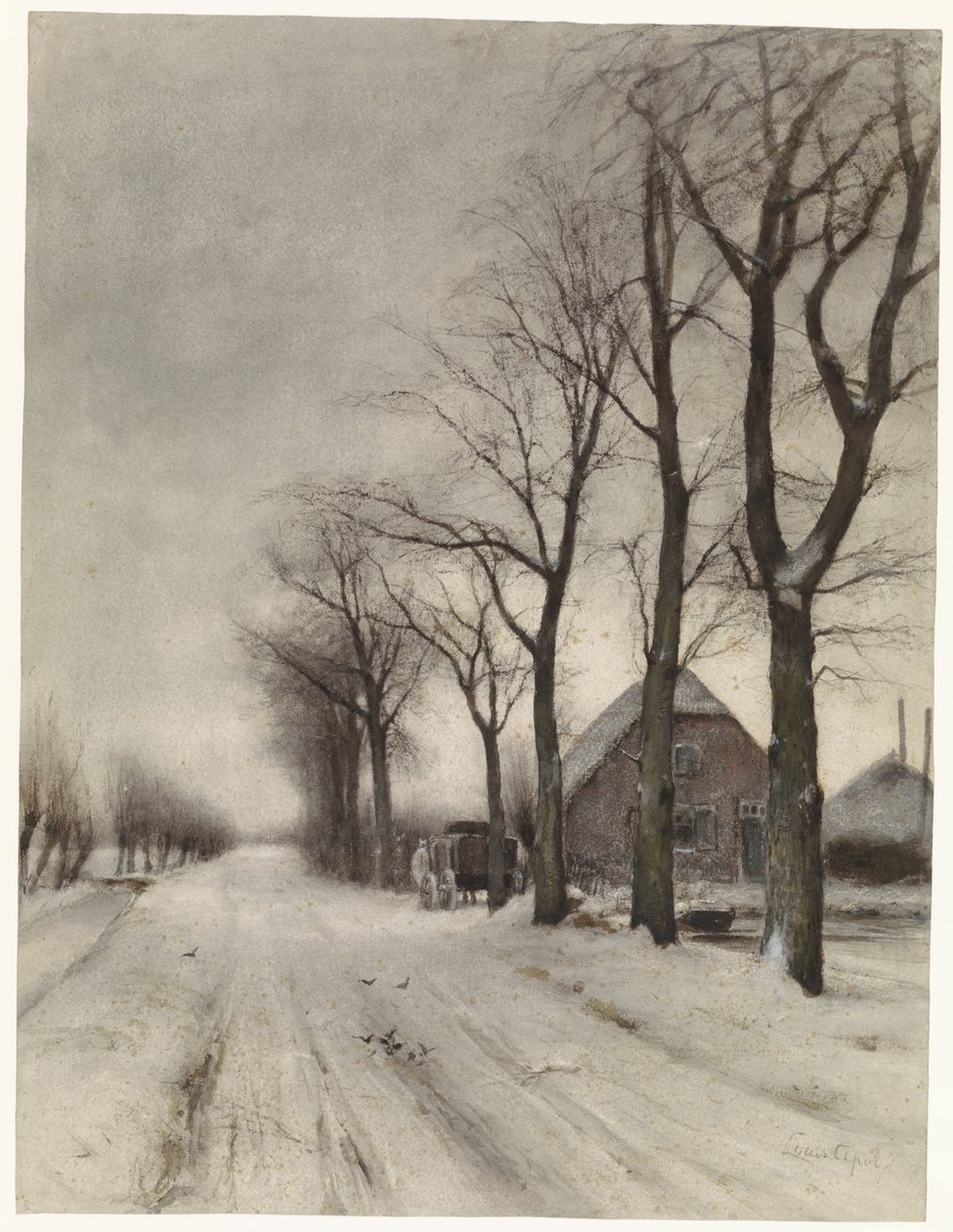 Winterlandschaft mit Bauernhof an einer Allee von Louis Apol