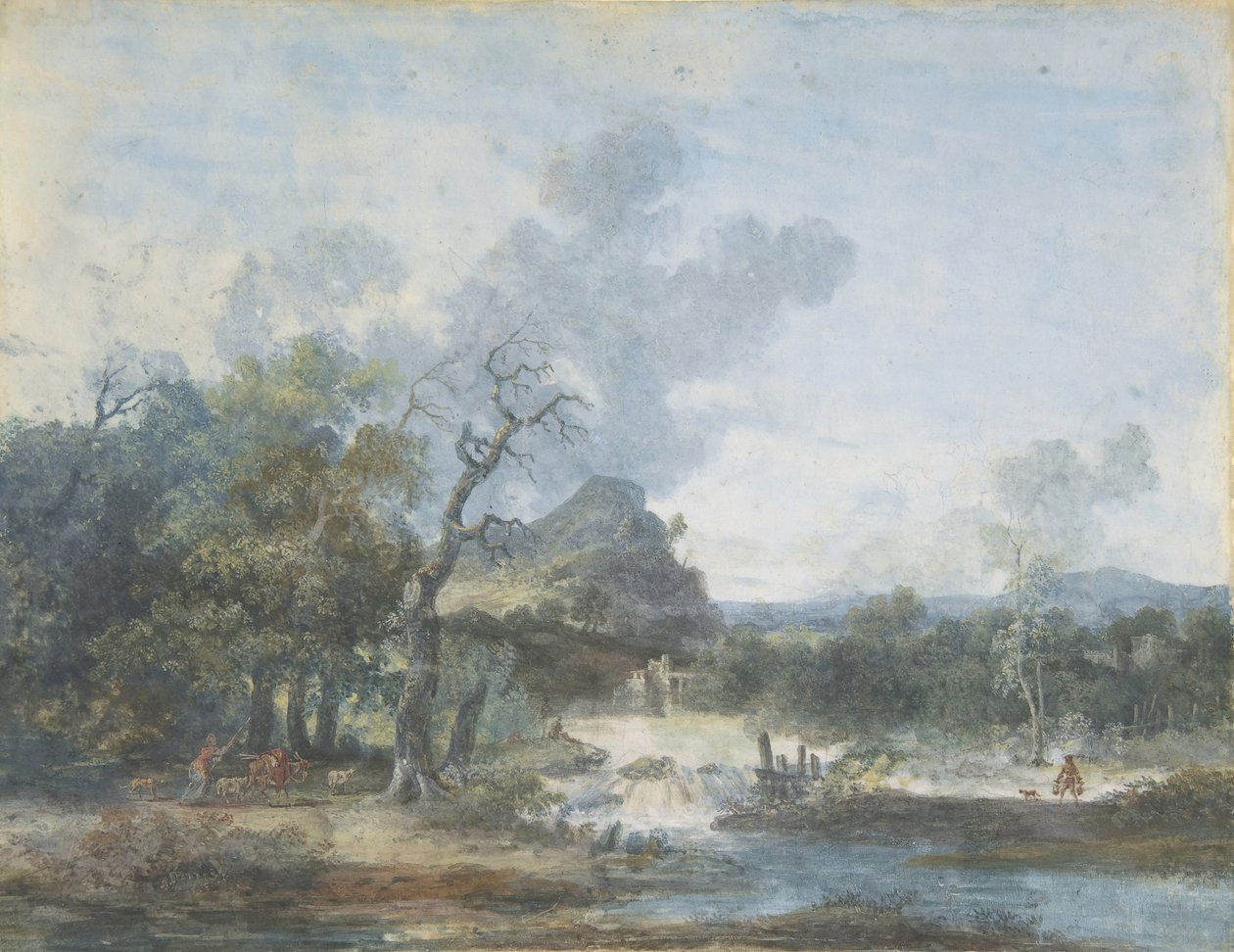 Hirtin in der Nähe eines Wasserfalls, n.d. von Louis Gabriel Moreau