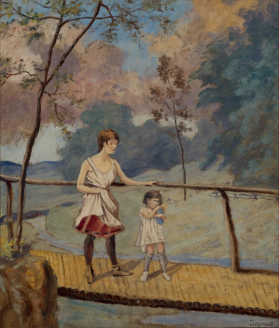 Zwei Mädchen auf einer Baumstammbrücke von Louis Michel Eilshemius