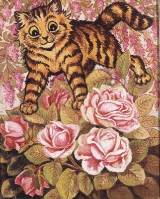 Ein Kätzchen versteckt sich in einem Rosenbusch von Louis Wain