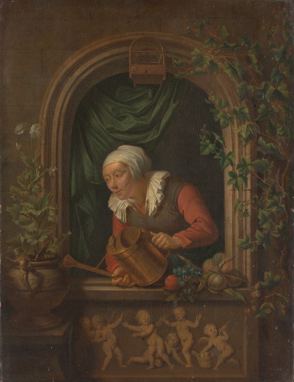 Frau gießt eine Pflanze von Louis de Moni