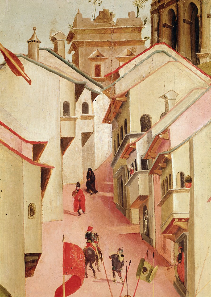 Das Martyrium des Heiligen Sebastian, Detail der Stadt (Detail) von Luca Signorelli