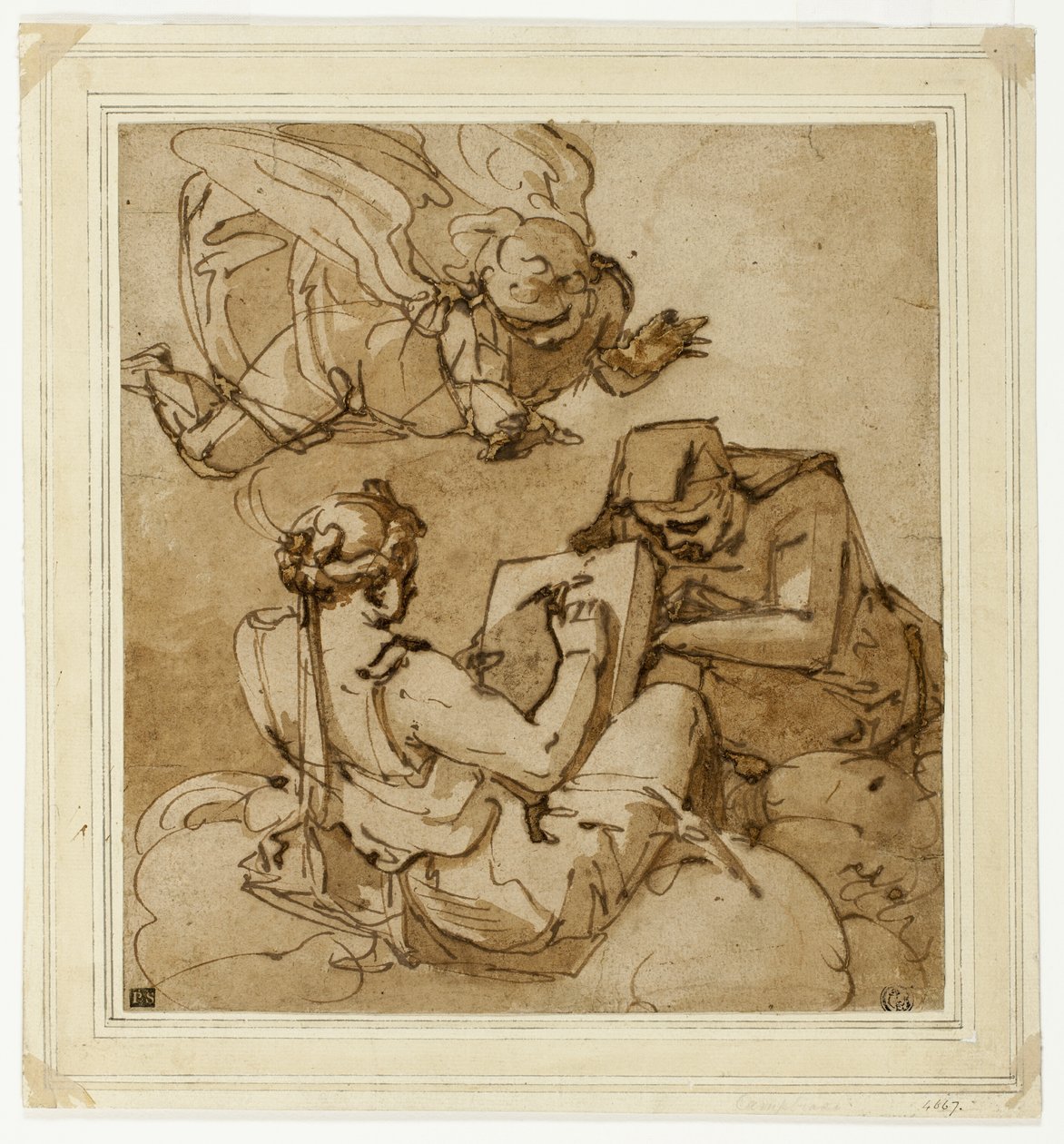 Allegorisches Thema (Engel über zwei Sibyllen) von Luca Cambiaso