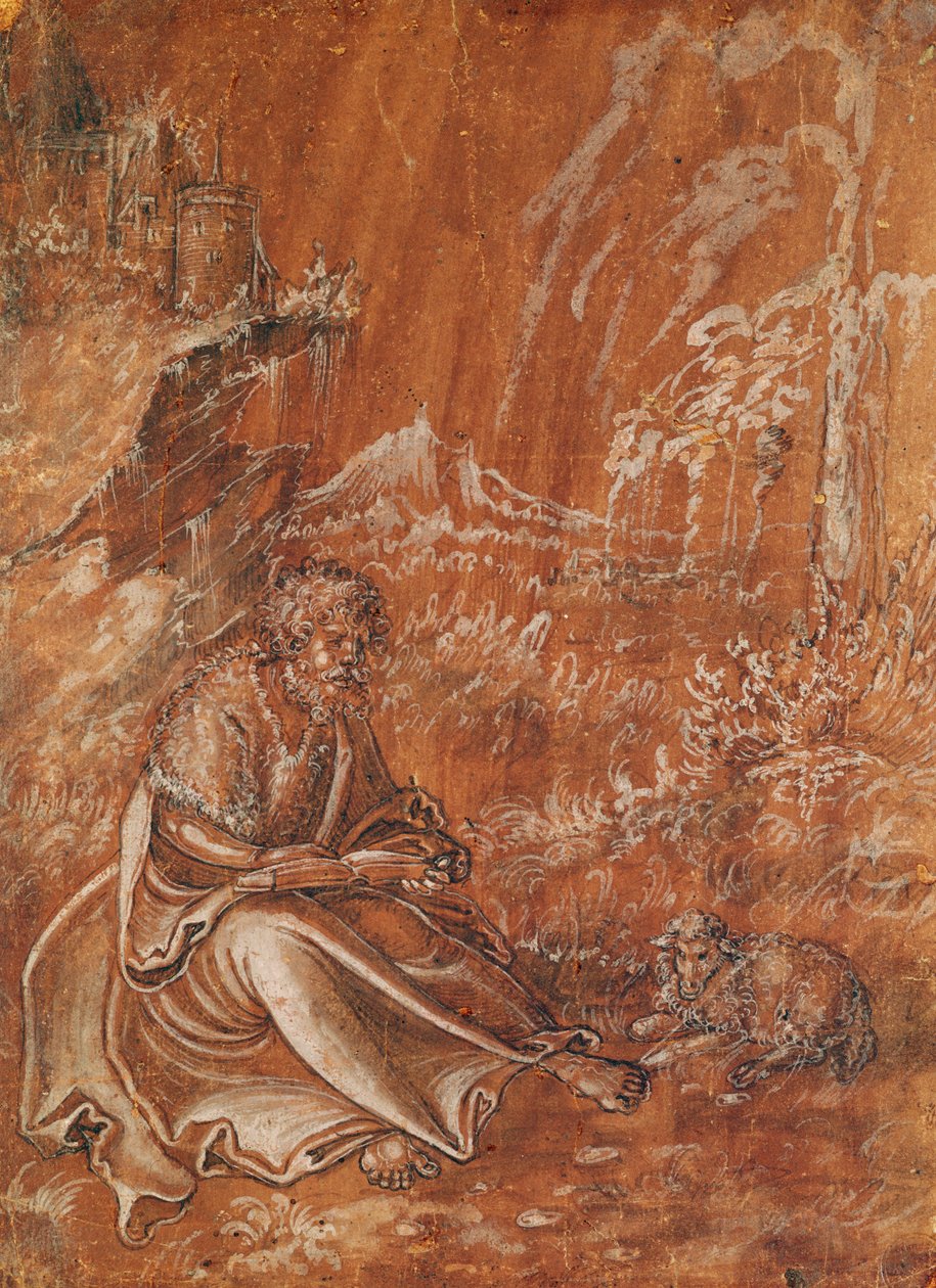Johannes der Täufer sitzt in einer bergigen Landschaft von Lucas Cranach the Elder