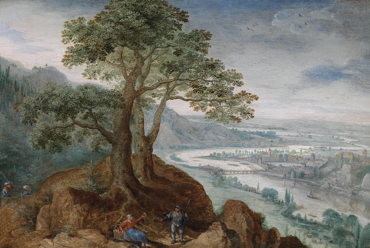 Blick von Pöstlinberg auf die Stadt Linz mit einer Bäuerin und einem Wanderer auf einem Pfad im Vordergrund von Lucas van Valckenborch