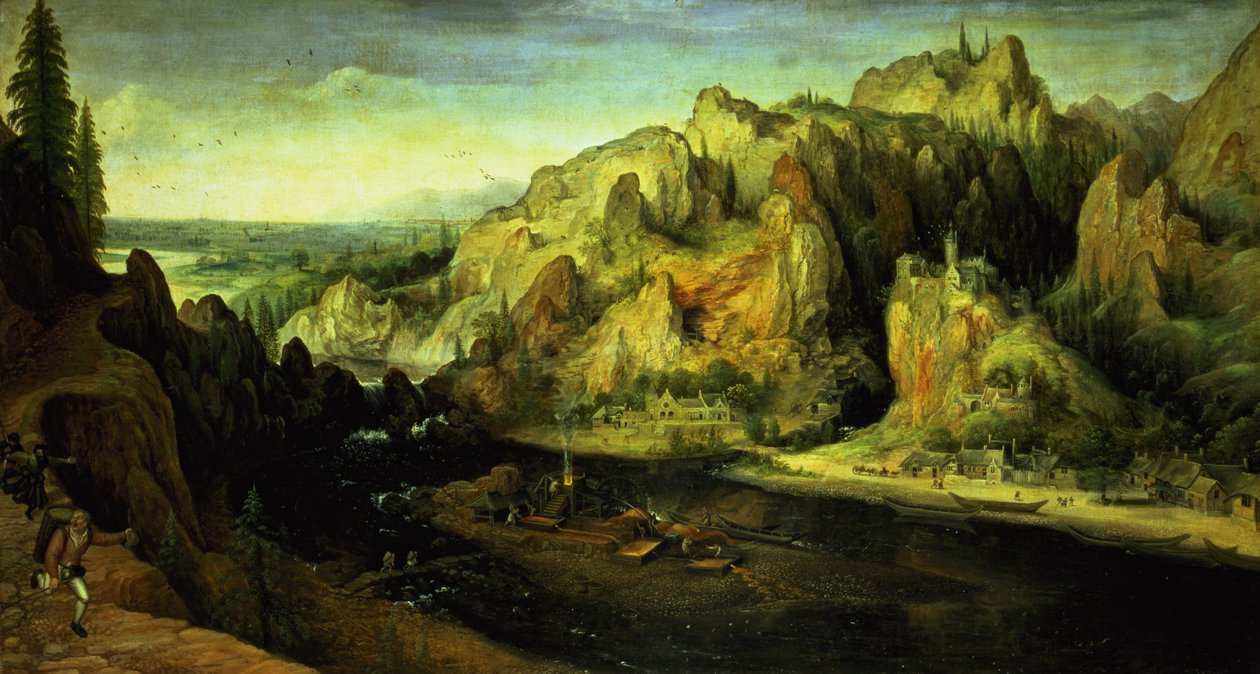 Gebirgslandschaft mit einem Überraschungsangriff, ca. 1585 von Lucas van Valckenborch