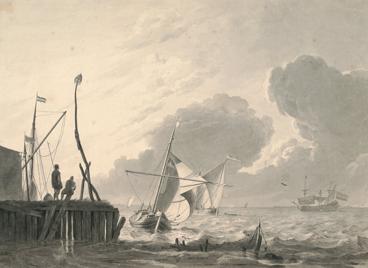 Hafen am Meer bei aufziehendem Gewitter von Ludolf Bakhuizen